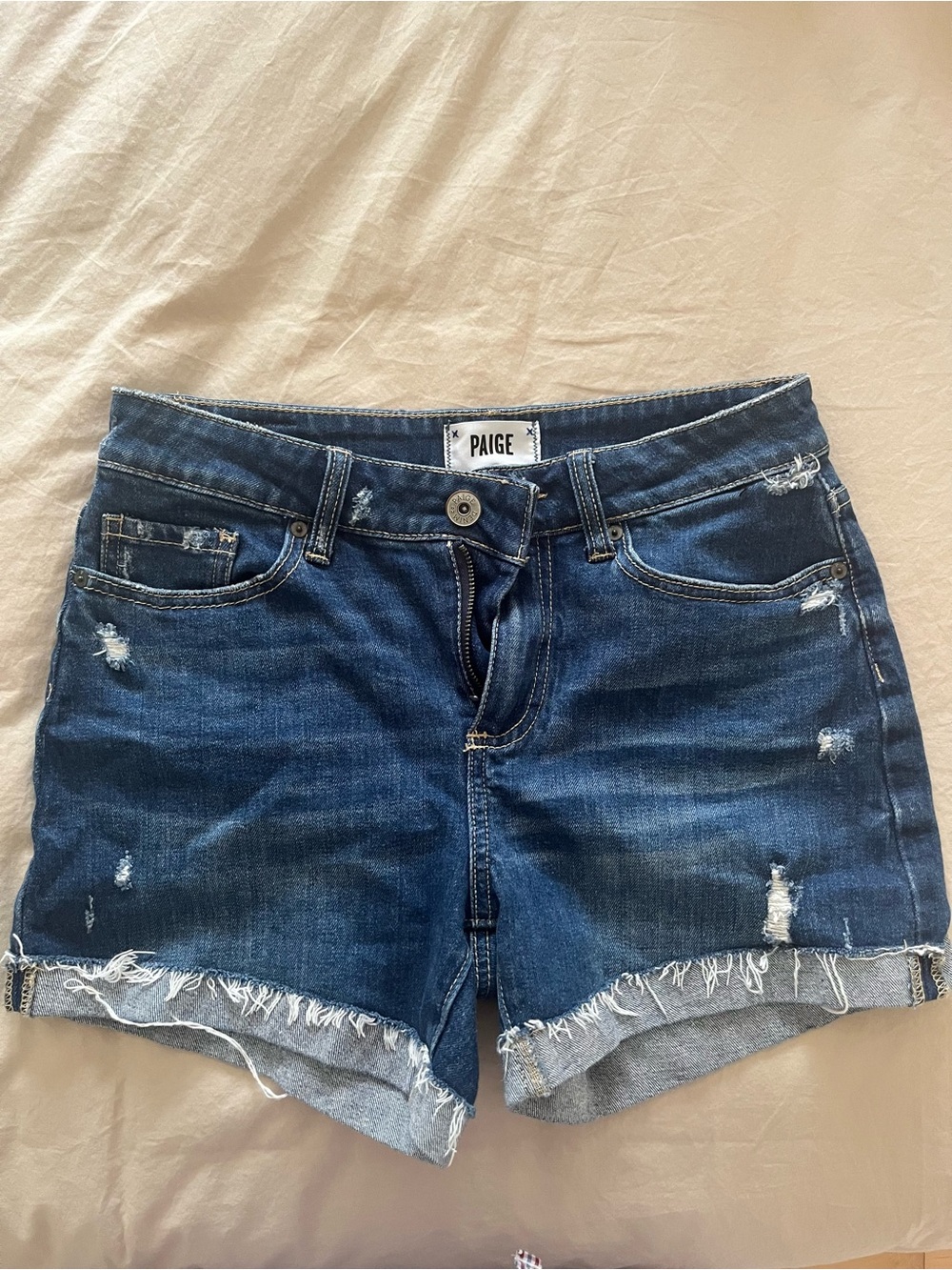 PAIGE Blue Distressed Cutoff Denim Shorts
